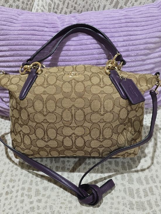 Coach Handbags - Coach Kelsey Brown Signature Satchel with Purple Leather Accents